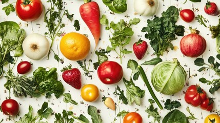 Variety of fresh fruits and vegetables on white background