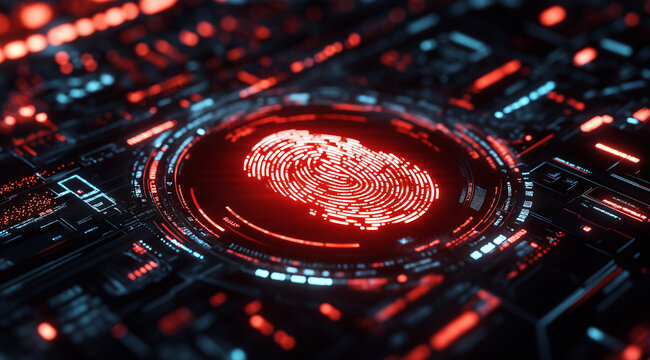 A futuristic digital interface displaying code and data, with glowing red accents on the background. The center features an illuminated circle containing a holographic fingerprint - Powered by Adobe