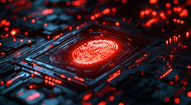 A futuristic digital interface displaying code and data, with glowing red accents on the background. The center features an illuminated circle containing a holographic fingerprint