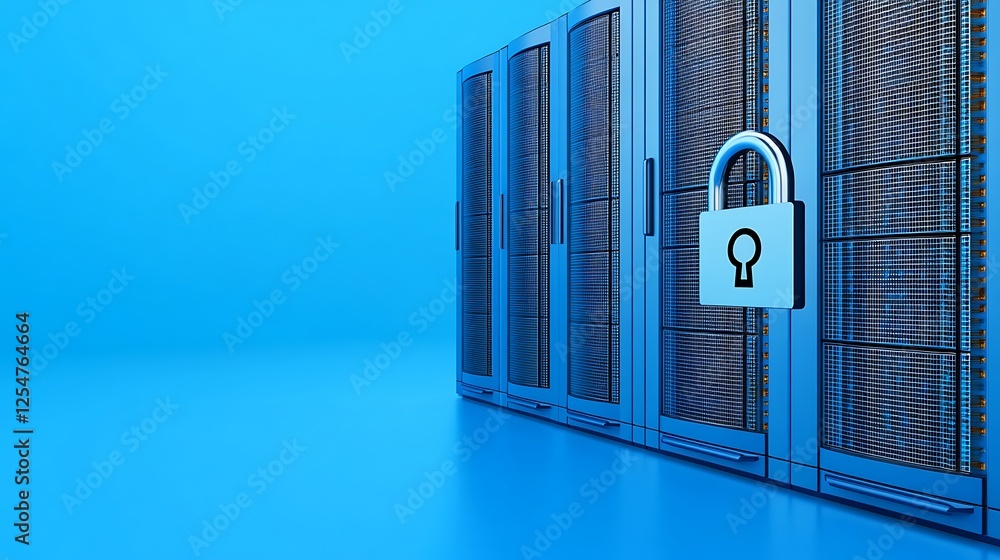 Poster modern data center security concept with a lock symbol on server cabinet surrounded by soft blue lig