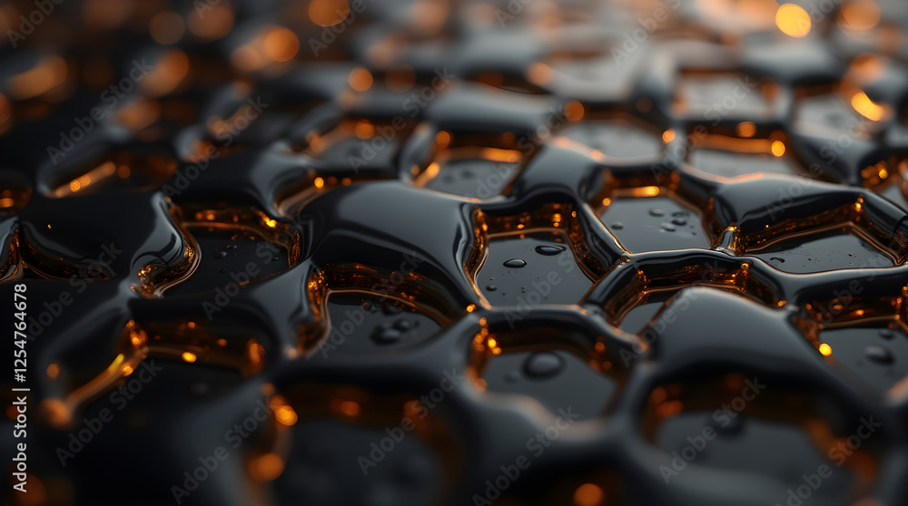 Poster abstract honeycomb texture: dark hexagon pattern with golden highlights - modern geometric design, m