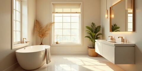 Fototapeta premium Serene Minimalist Bathroom Design with Freestanding Tub, Double Vanity, and Natural Light