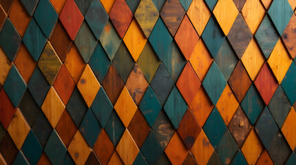Colorful Diamond Pattern Wood Wall Art: Rustic Harlequin Design with Teal, Orange, Brown, and Yellow Wooden Tiles for Interior Decor and Backgrounds