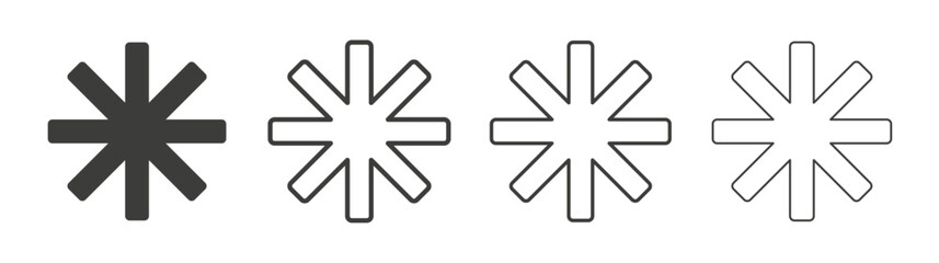Asterisk icons set. Liner outlined and flat black color