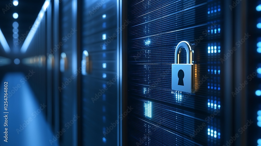 Poster modern data center security with locks and server racks in a high-tech environment