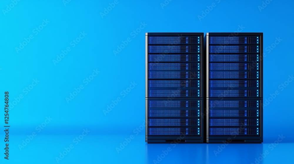 Poster modern data center server racks with bright blue background and led indicators for technology and ne