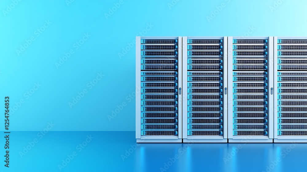 Poster modern data center server racks showcasing high-tech networking equipment in blue gradient backgroun