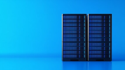 Modern Data Center Server Racks with Bright Blue Background and LED Indicators for Technology and Networking Concepts