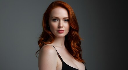 Fototapeta premium Portrait of Beautiful Redhead Woman with Freckles and Wavy Hair