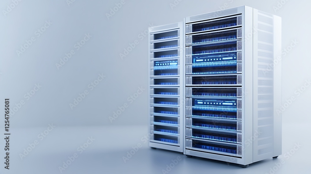 Poster modern data center with rack mounted servers and led lights in minimalist design for technology back