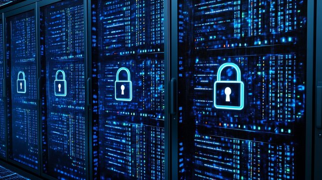 Modern Data Center with Secure Servers and Digital Padlock Representing Cybersecurity and Data Protection