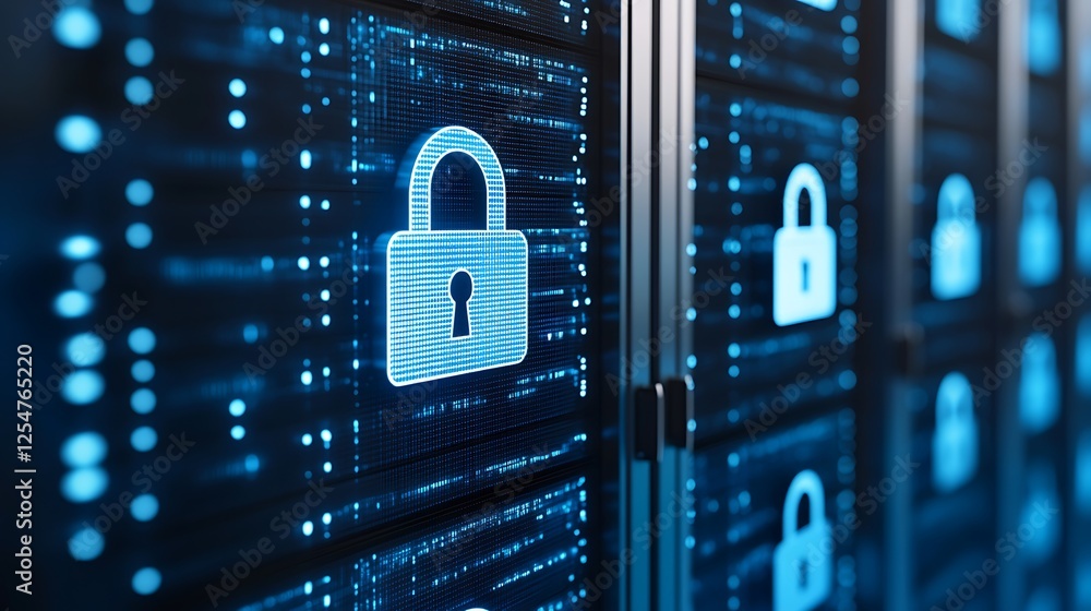 Poster modern data security concept with digital lock symbols on blue background representing cyber protect