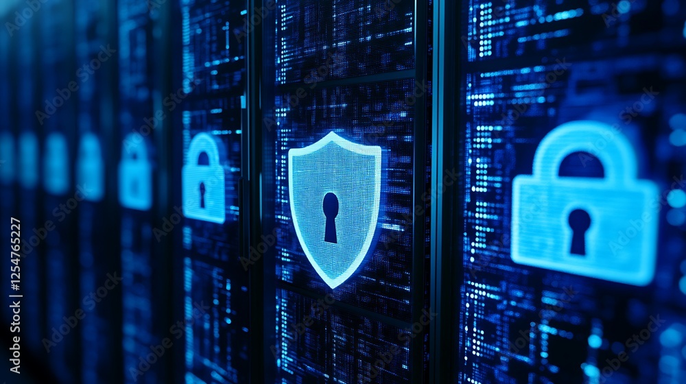 Poster modern data security concept with digital lock symbols on server racks in high-tech environment
