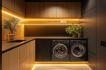 A minimalist laundry room with built-in shelving, a black and wood color scheme, and LED lighting.