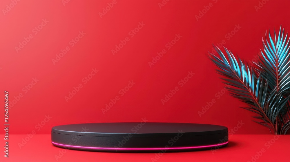 Poster modern empty product podium display against red background