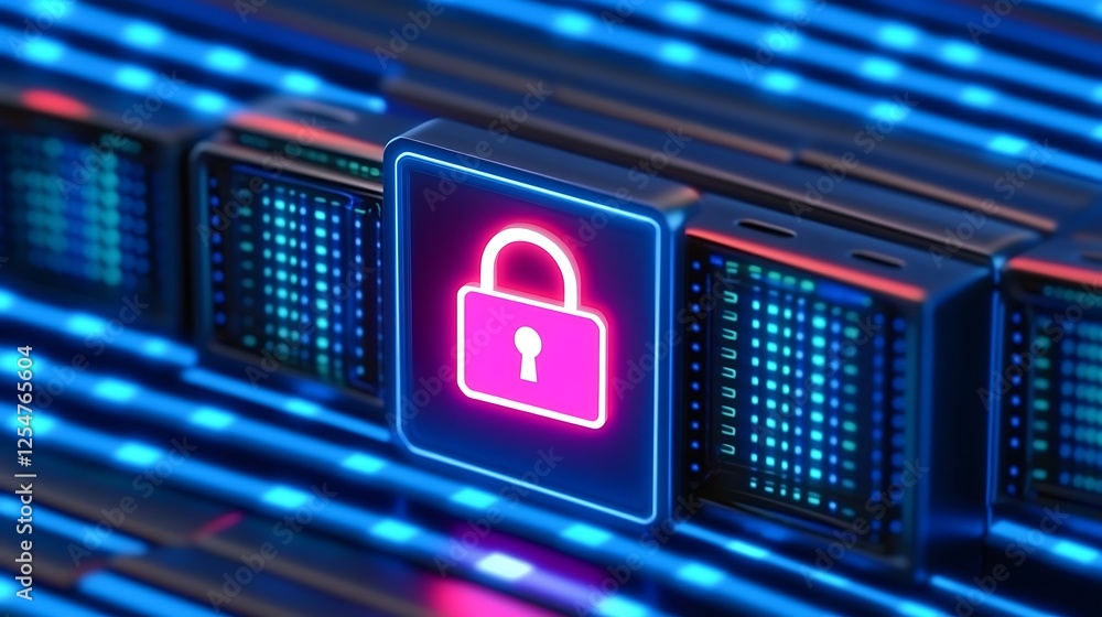 Poster modern digital lock concept with bright neon colors and multiple data blocks on a futuristic circuit