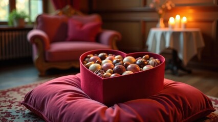 Heart-shaped box of assorted chocolates rests on a plush crimson cushion in a dimly lit room, next to a velvet armchair and a softly lit table.