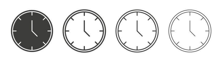 Clock icons set. Liner outlined and flat black color