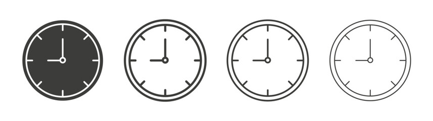 Clock nine icons set. Liner outlined and flat black color