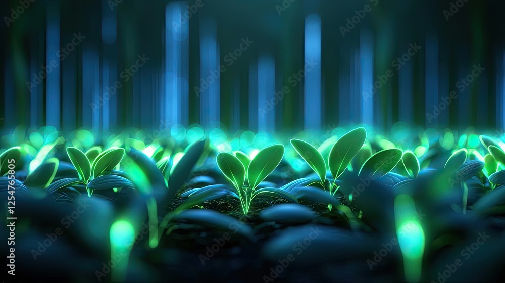 Poster glow forest idea. close-up view of vibrant green sprouts emerging from dark soil in a serene environ