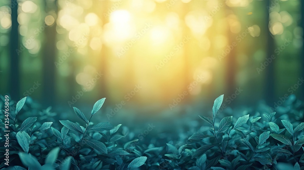 Poster glow forest idea. serene foliage under warm sunlight creating a calming atmosphere in a forest.