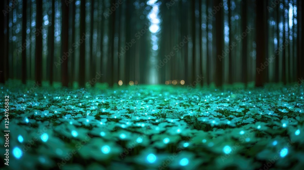 Poster glow forest idea. a tranquil forest scene with glowing green foliage and tall trees creating a magic