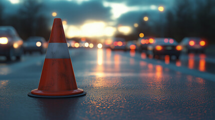 Photorealistic render of a traffic cone on a busy highway. Realistic lighting, detailed textures.