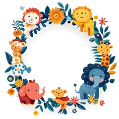 Fototapeta premium Whimsical woodland animals floral wreath for kids nursery decor
