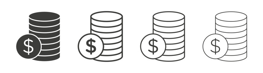 Coins icons set. Liner outlined and flat black color