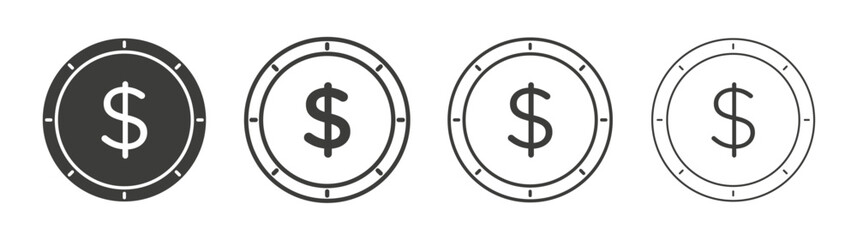 Coin icons set. Liner outlined and flat black color