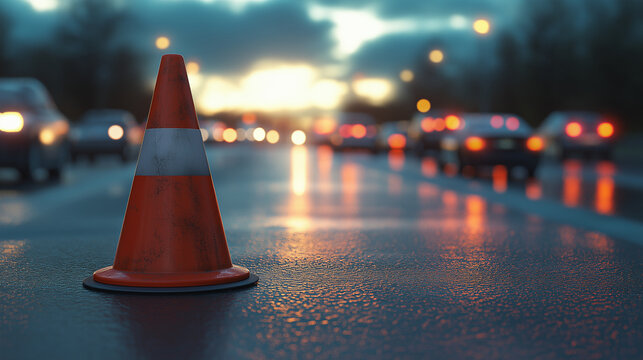 Photorealistic render of a traffic cone on a busy highway. Realistic lighting, detailed textures.