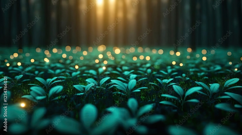 Poster glow forest concept. a serene forest scene with glowing plants and soft light filtering through tree