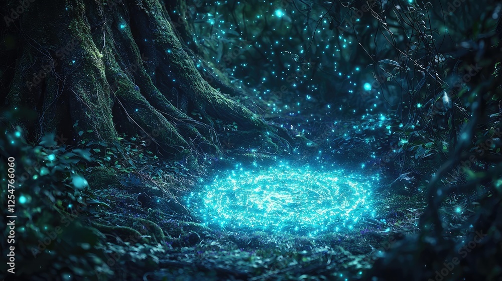 Poster glow forest concept. a mysterious glowing portal surrounded by lush trees and enchanting atmosphere.