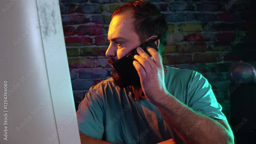 Aufkleber it guy from 1990's in front of computer making call on old flip mobile phone