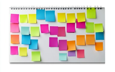 Colorful sticky notes on a desk calendar, planning schedule, project management, white background, workflow organization