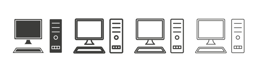 Computer icons set. Liner outlined and flat black color
