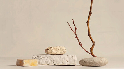 Minimalist nature art: a delicate balance of stones, a dried flower, and a twisted branch, creating a tranquil and earthy scene