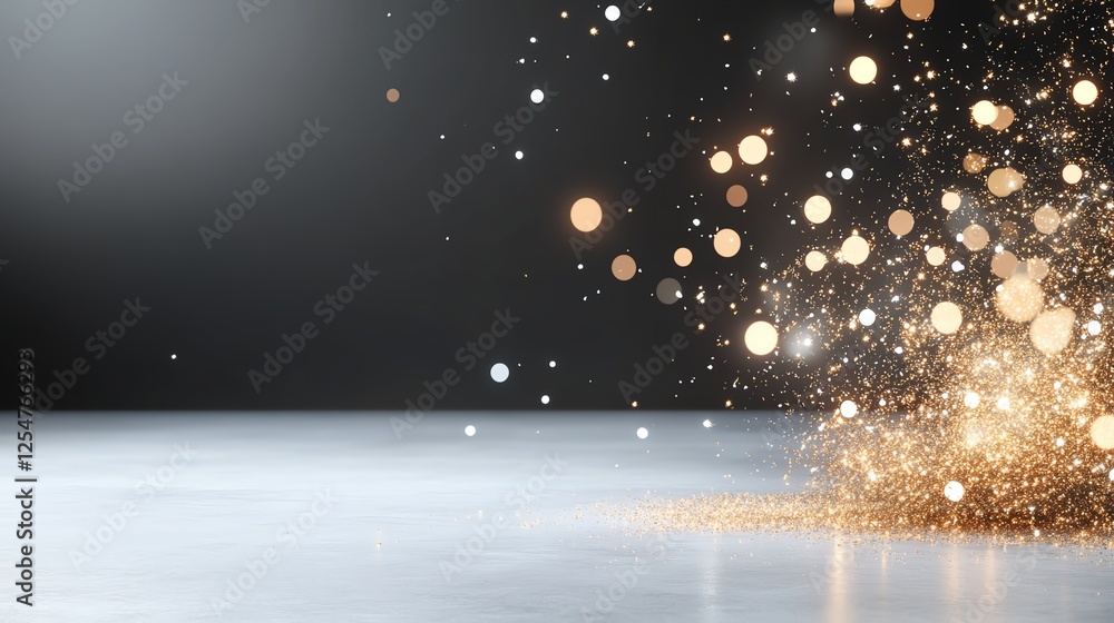 Poster abstract gold shimmering bokeh lights on dark background creating a festive and elegant atmosphere.