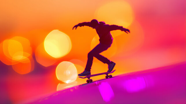 Skateboarder jumpstyle stunt tricks in mid air. Skateboarding tricks freestyle isolated on blur bokeh background. Kick flip skateboarding stunt silhouette on bokeh blur background 
