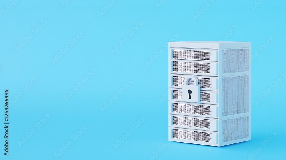 Poster modern locked storage unit on blue background for secure organization and minimalist design concepts