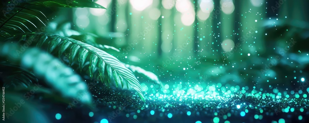 Poster glow forest concept. a serene forest scene with glowing ferns and ethereal light particles in the ai