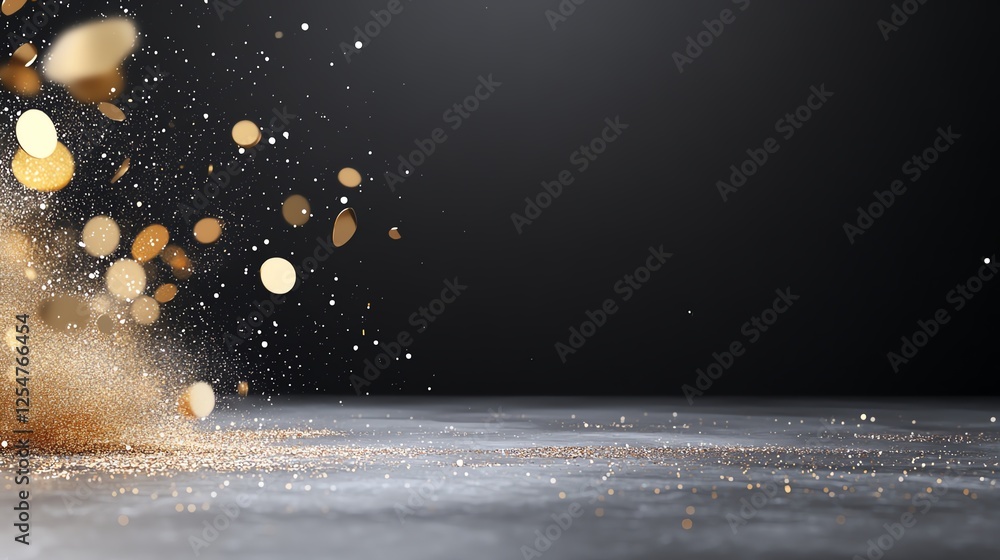 Poster abstract golden glitter particles on dark background, with bokeh effect and space for text.