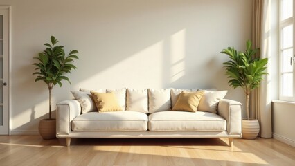 Serene Living Room with Beige Sofa and Lush Potted Plants Basking in Sunlight