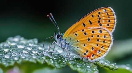 Obraz premium Close-up of a vibrant orange butterfly perched on a dewy green leaf in a natural setting