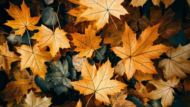 Top view of colorful maples leaves on field in forest during autumn	
