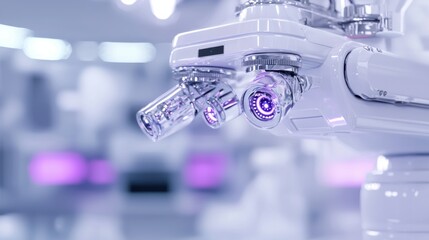 A futuristic robotic arm with advanced sensors, featuring glowing elements, set in a high-tech environment.