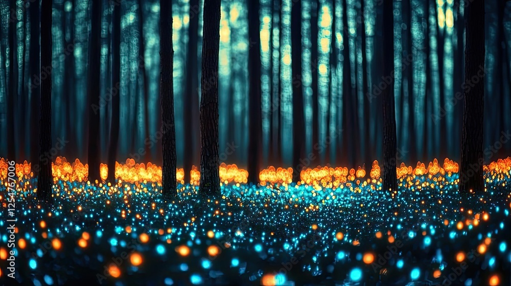 Poster glow forest concept. a mystical forest illuminated by colorful lights, creating a magical atmosphere