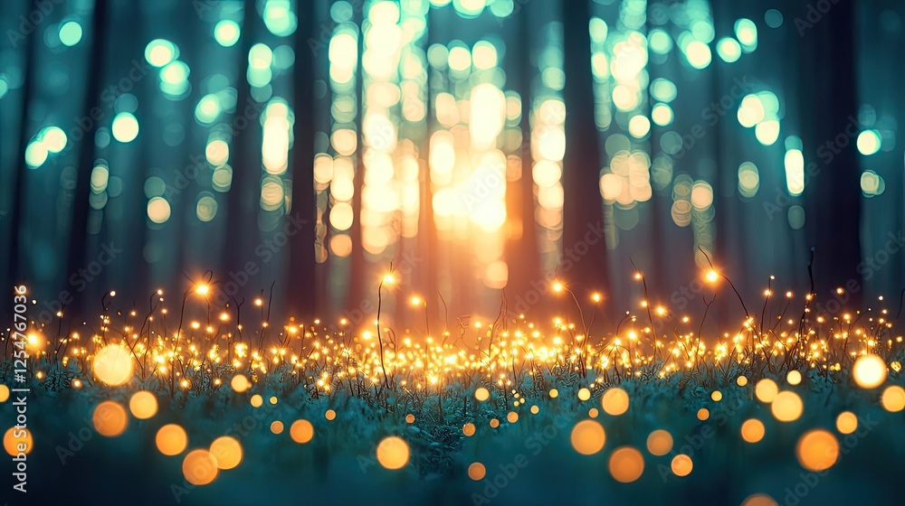 Poster glow forest concept. a magical forest scene with glowing lights and soft sunlight filtering through 