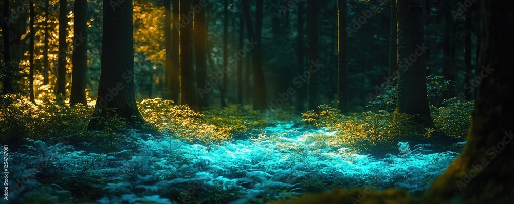 Poster glow forest idea. a serene forest scene with glowing ferns and warm sunlight filtering through trees