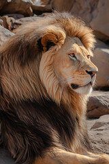 Obraz premium Portrait of a lion lying on a rock. Male lion in the savannah. Looking into the camera. AI generated. Copy space